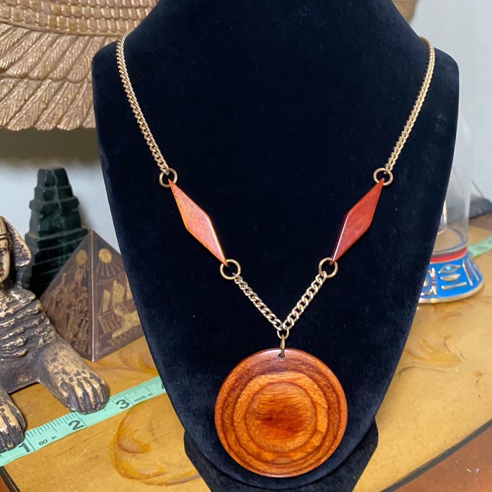 Vintage Wooden Pendant Statement Necklace - Brown